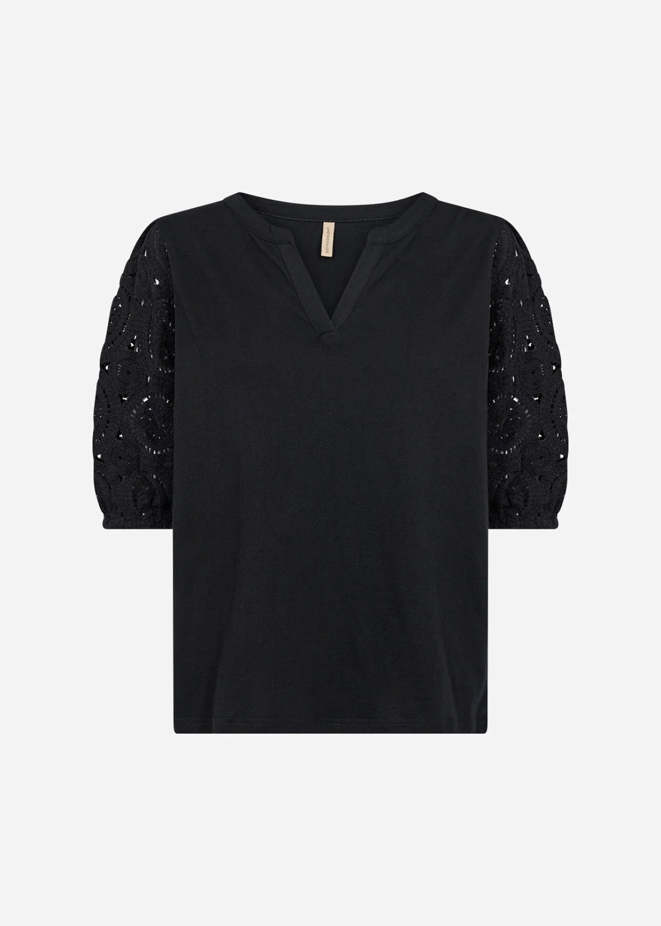 Black top with sequin sleeves on a white background