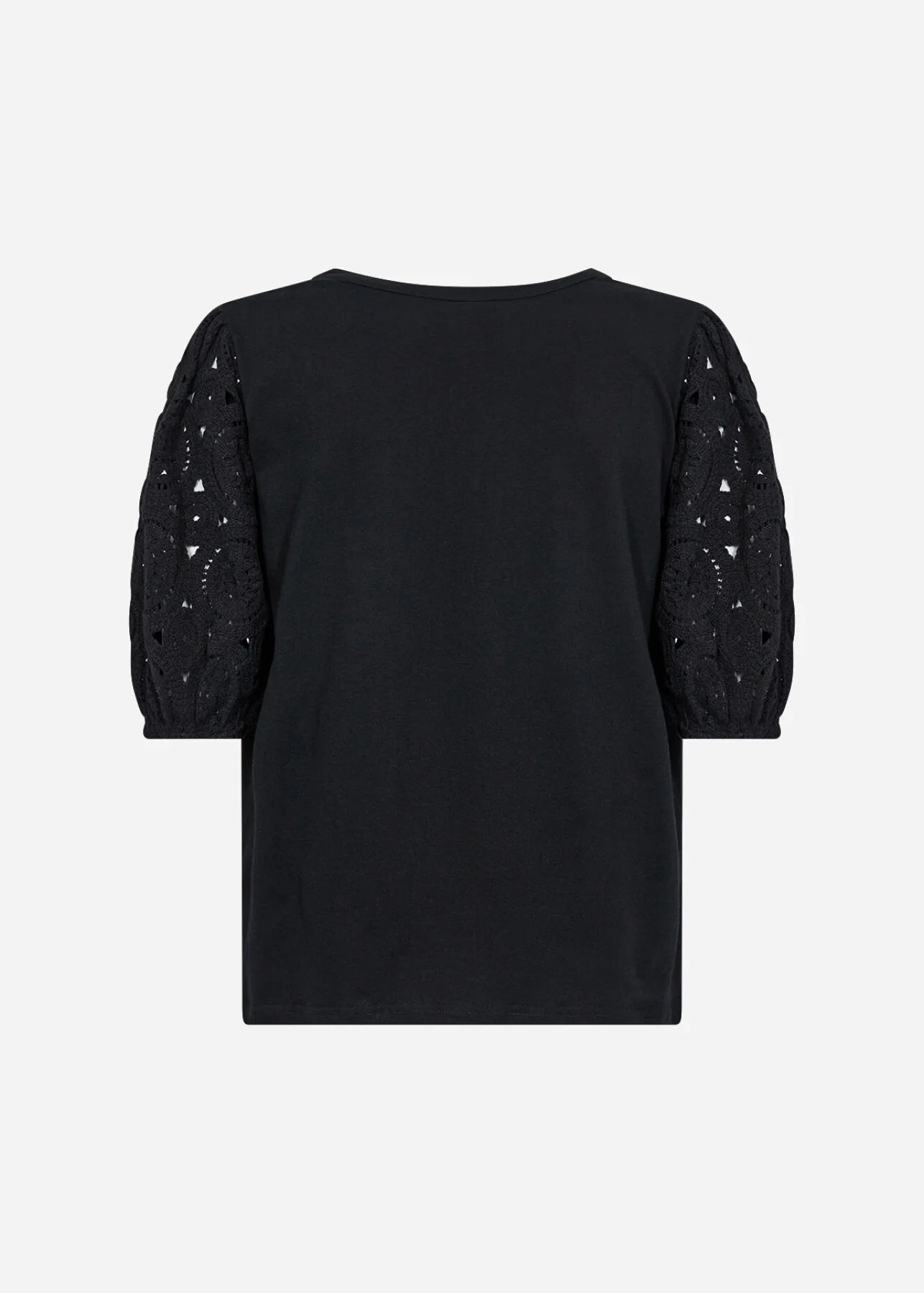 Black top with embellished sleeves on a white background