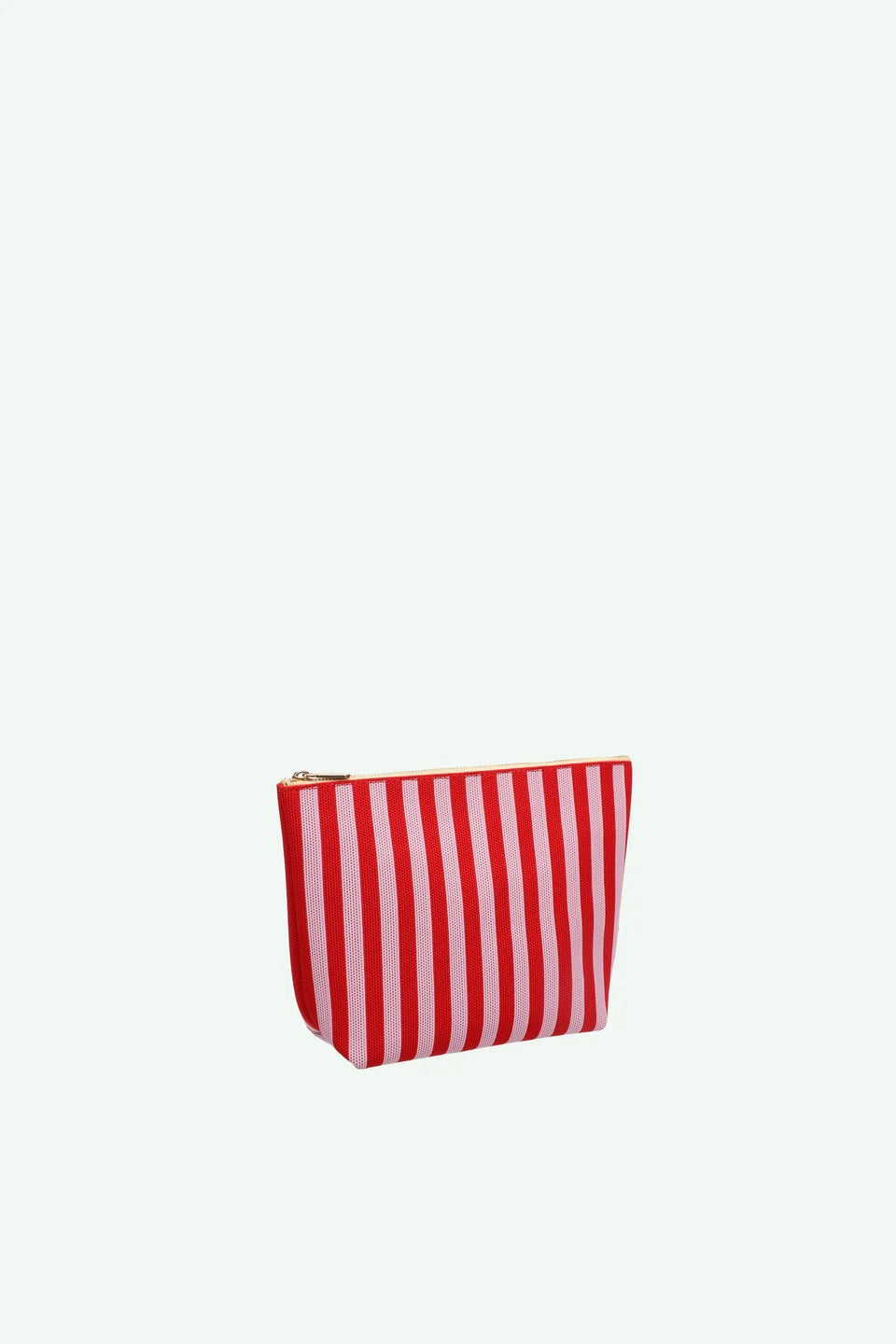 A small zippered pouch with vertical red and white stripes, shown on a plain off-white background.