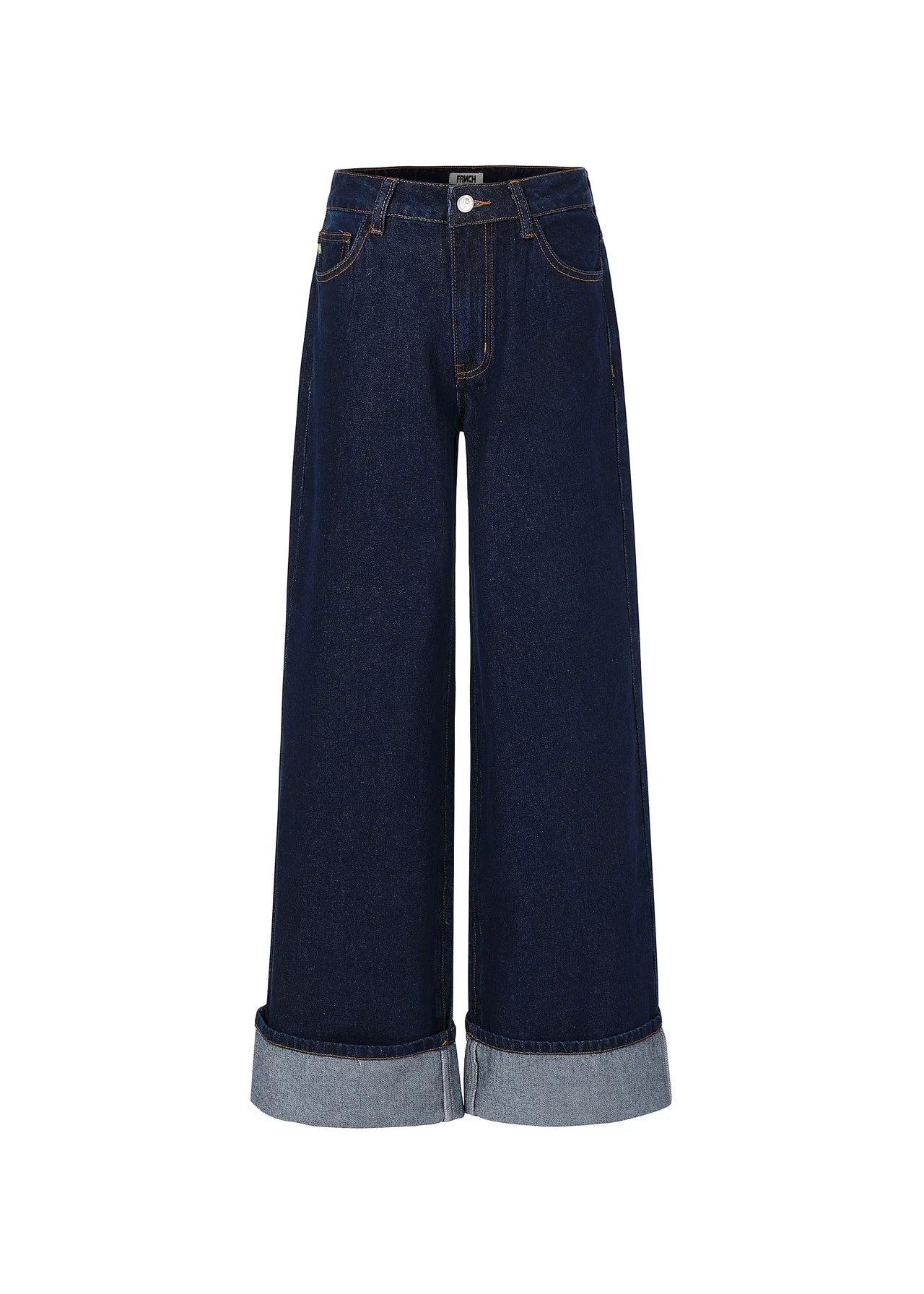 Dark blue wide-leg jeans on a white background