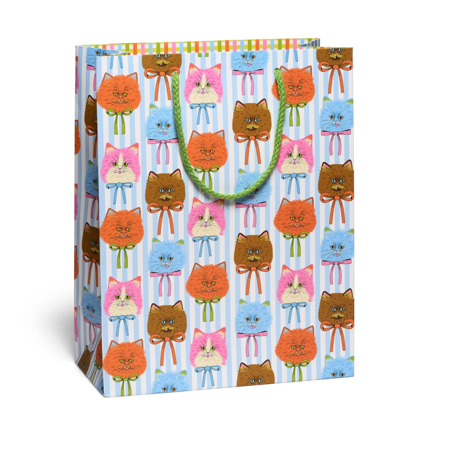 Gift bag with colorful cat pattern on a white background