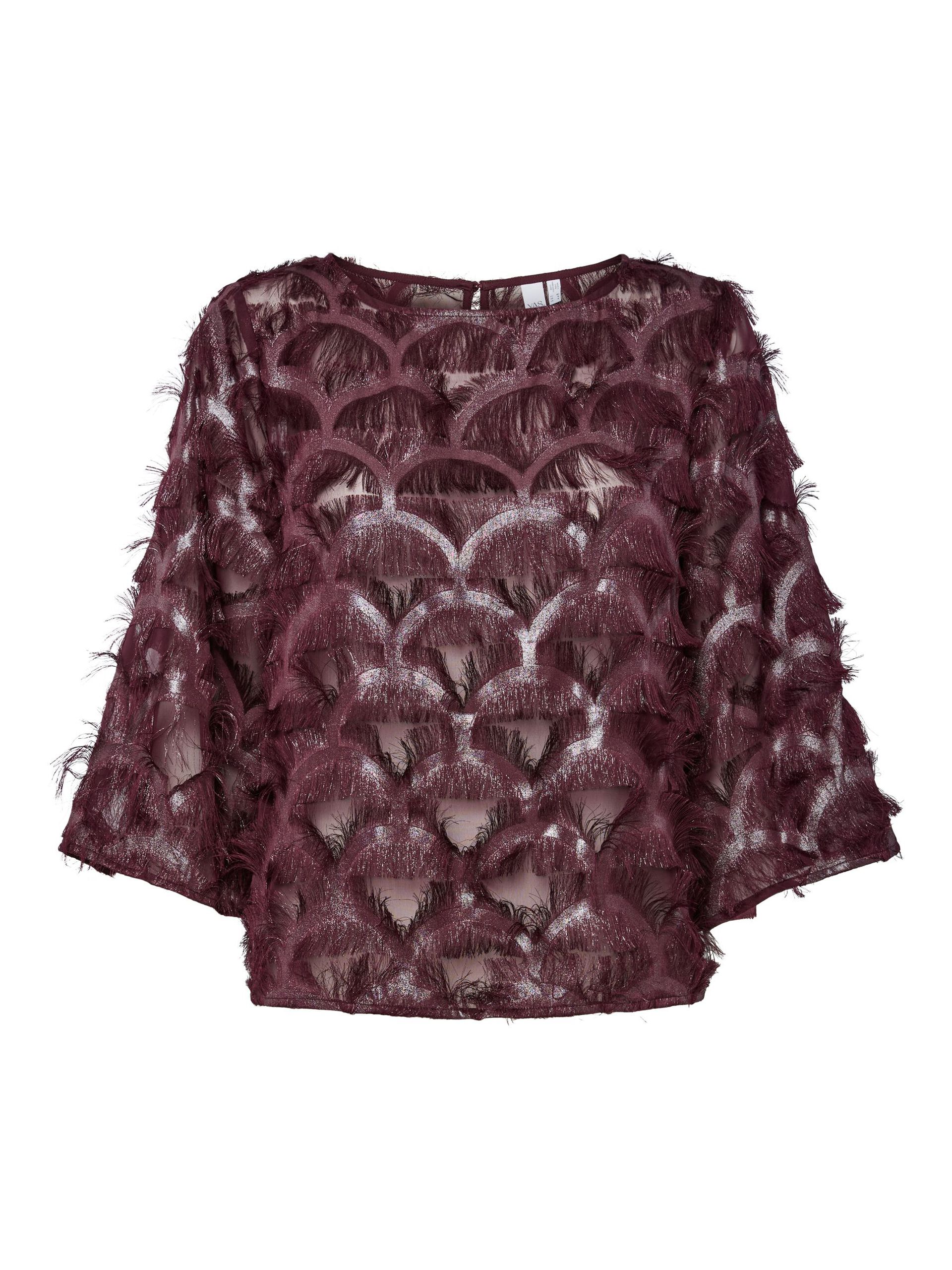 Maroon lace top with scalloped edges on a white background