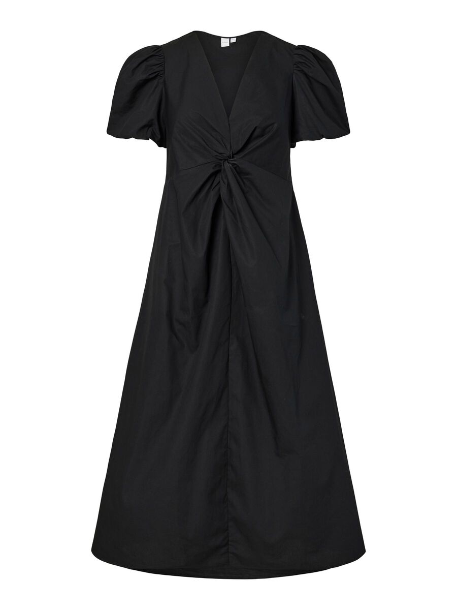 Black dress with puff sleeves on a white background