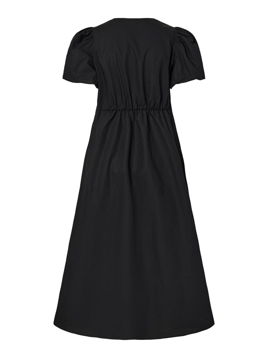 Black dress with puff sleeves on a white background