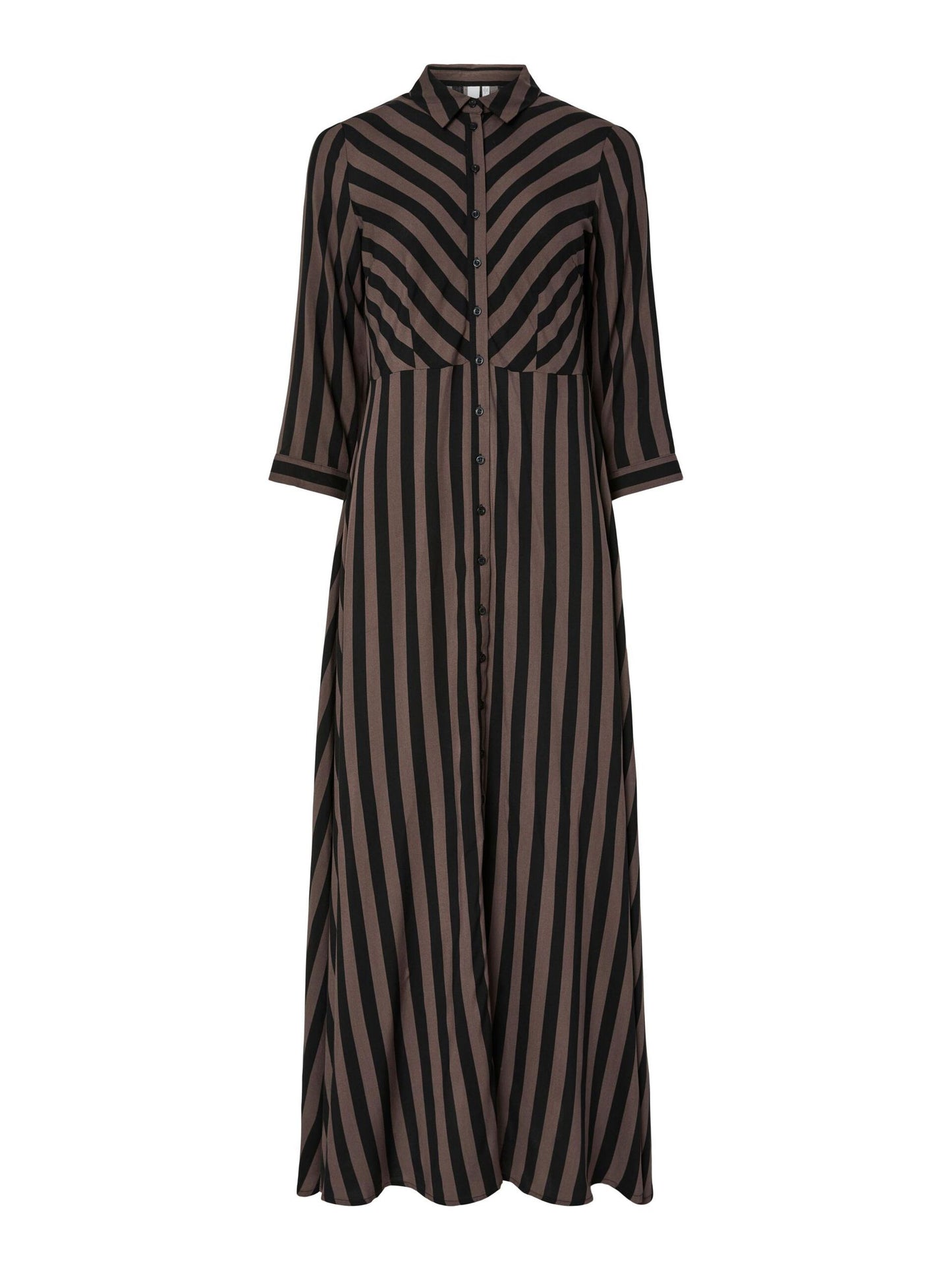Long black and brown striped dress on a white background