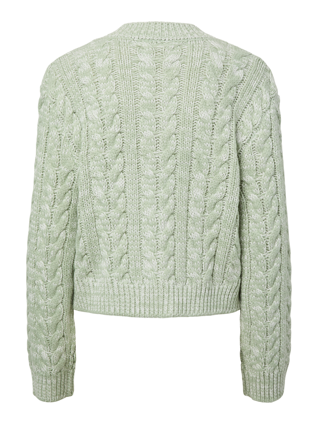 Light green cable knit cardigan on a white background