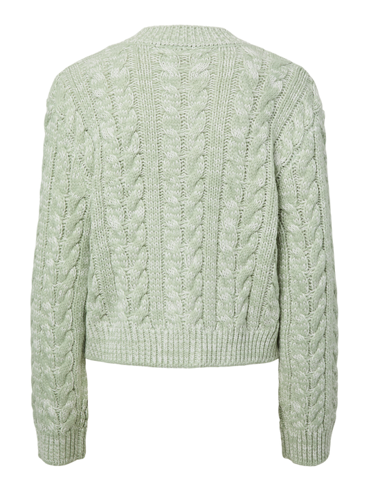 Light green cable knit cardigan on a white background