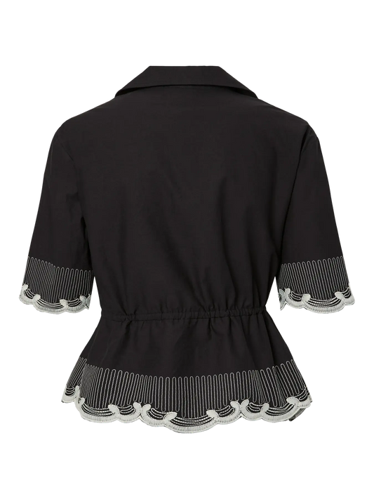 Black jacket with white trim on a white background