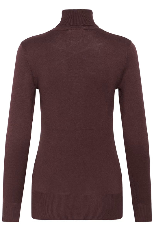 A dark brown ribbed knit turtleneck sweater shown from the back, displayed on a clean white background.