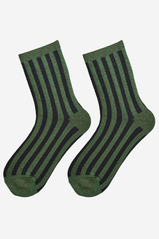 Women's Glitter Socks - Khaki/Black, Vertical Stripe