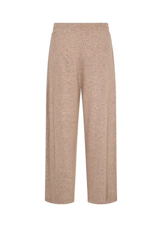 A pair of wide-leg cropped pants in a heathered, speckled beige fabric, shown against a plain white background.
