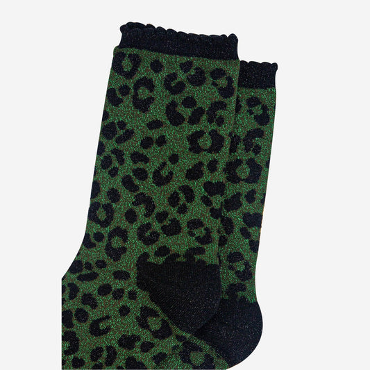 Women's Khaki Leopard Print Glitter Socks