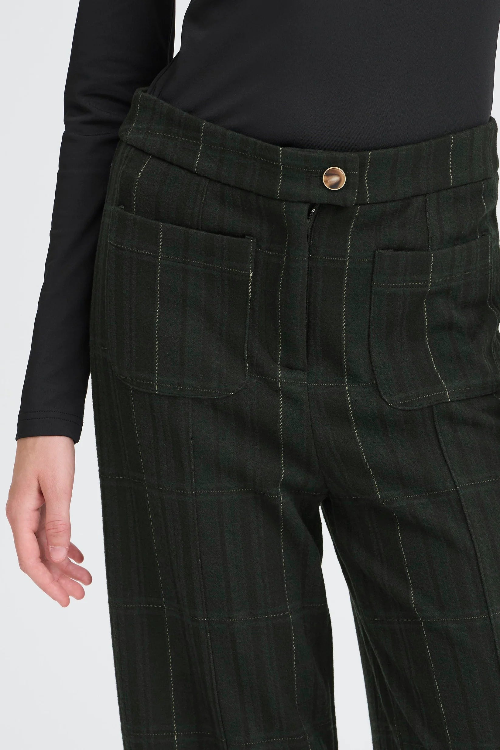 Dark green checkered pants with a close-up on the waistband and pocket area.