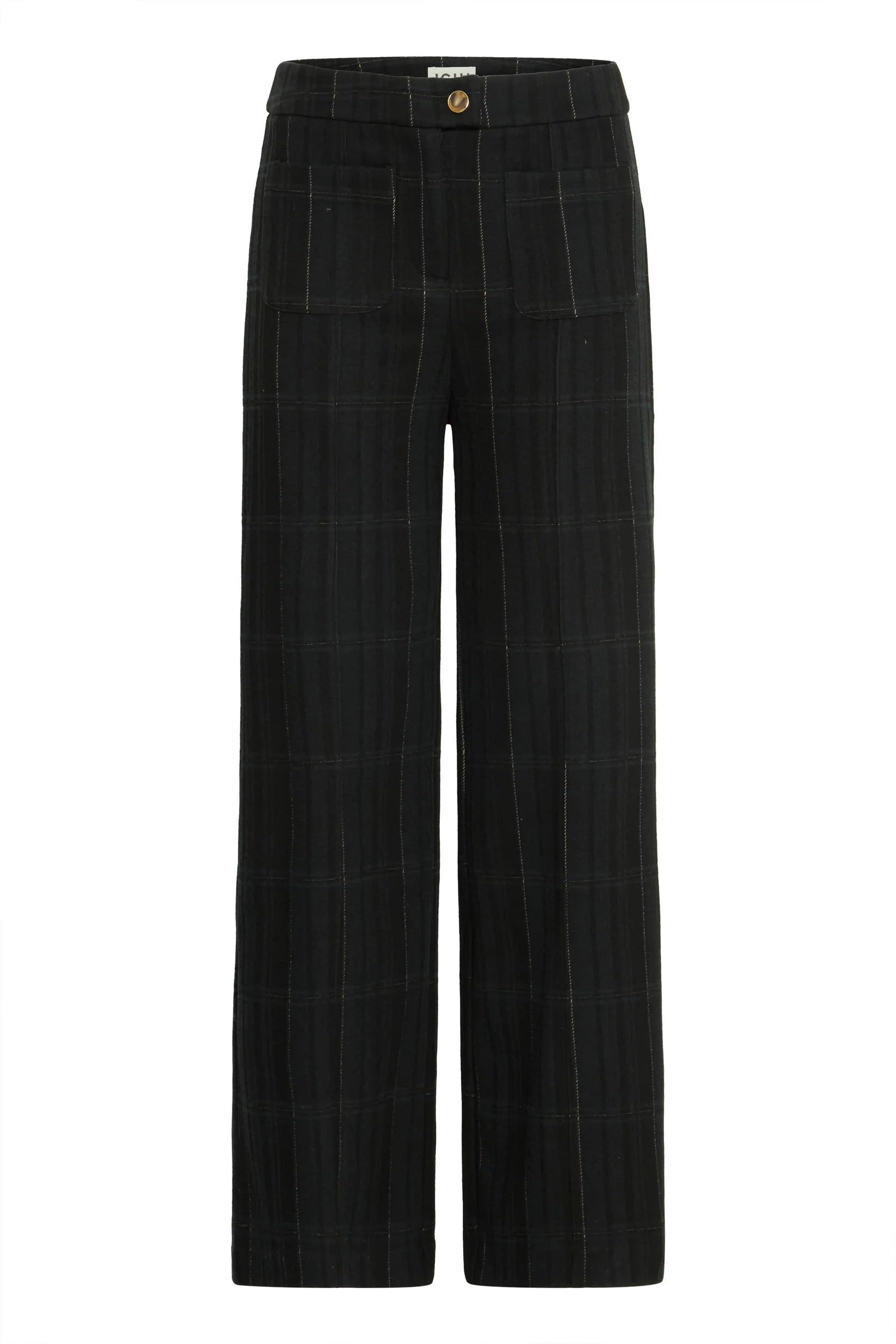 Black plaid pants on a white background
