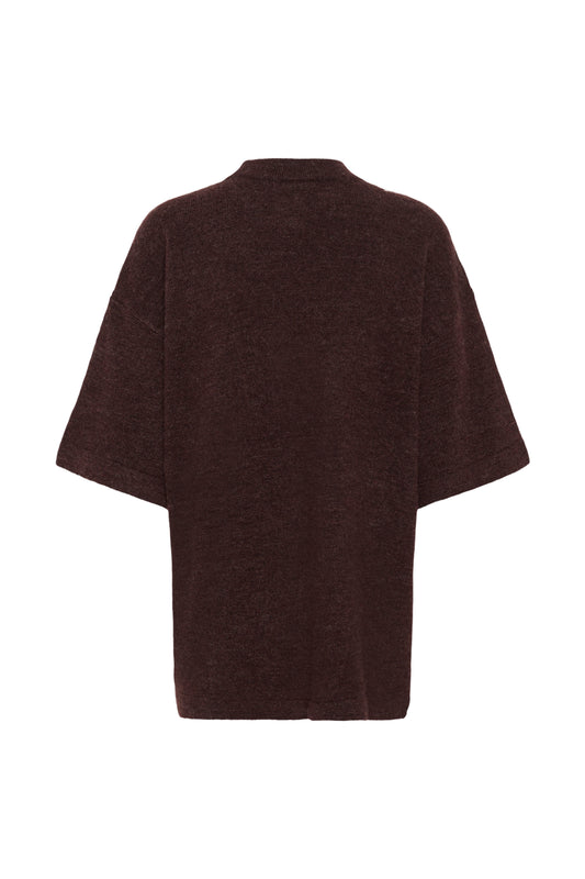 A dark brown textured knit top with wide short sleeves and a crew neck, shown from the back on a plain white background.