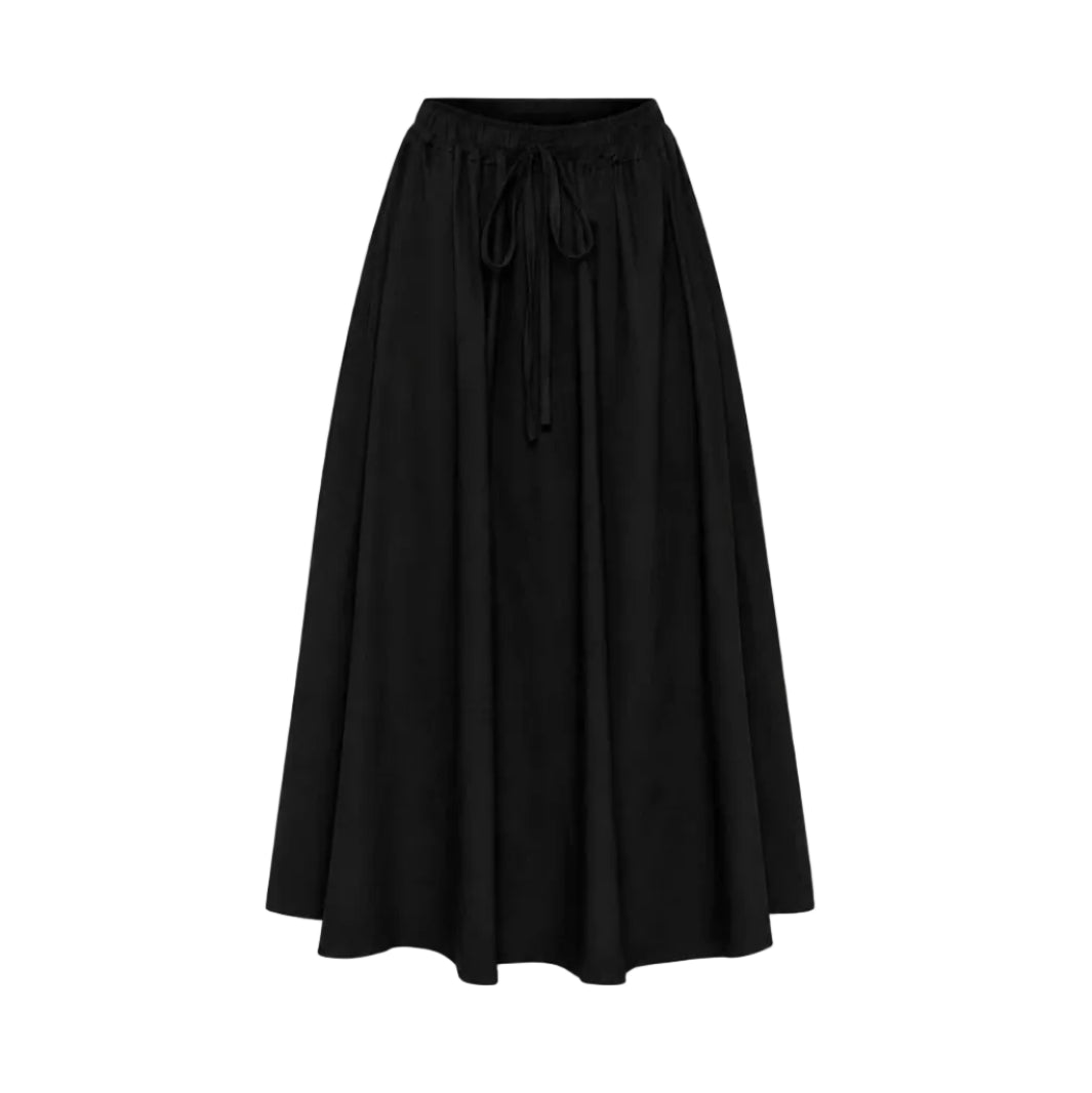 A black midi skirt with a high waistband and a drawstring tie at the front, displayed against a solid white background.