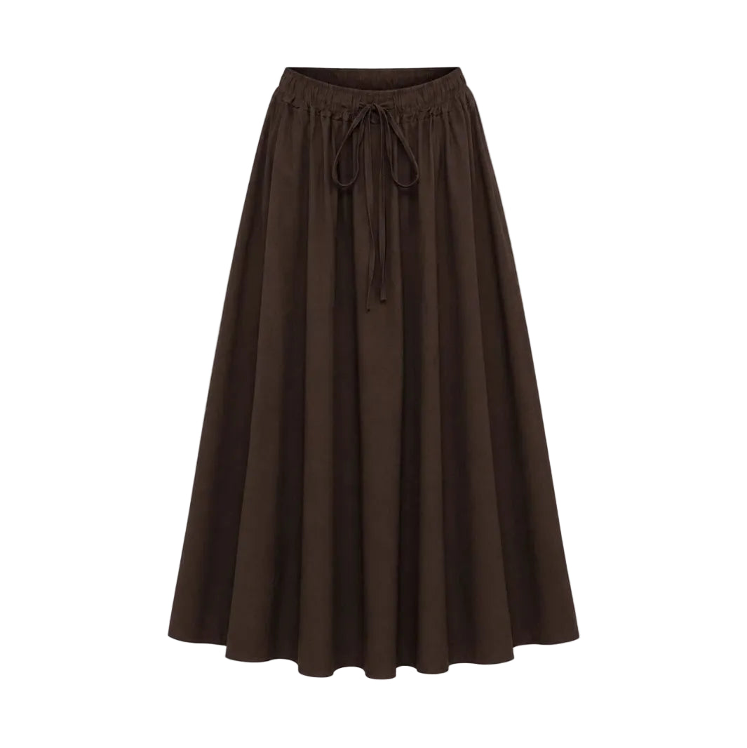 A dark brown pleated midi skirt with an elastic waistband and a drawstring tie at the front, shown against a plain white background.