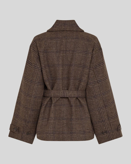 A brown plaid belted jacket shown from the back, featuring a classic windowpane pattern in shades of brown and black, photographed against a solid light gray background.