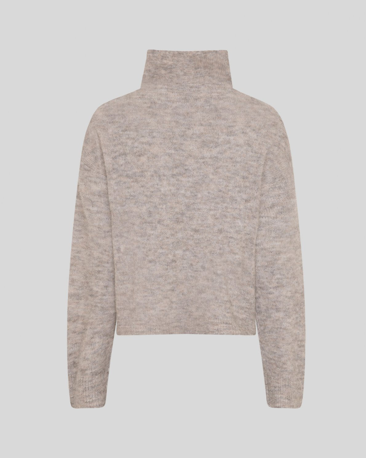 A light beige knit turtleneck sweater shown from the back, featuring a textured heathered pattern and ribbed cuffs and hem, set against a solid light gray background.