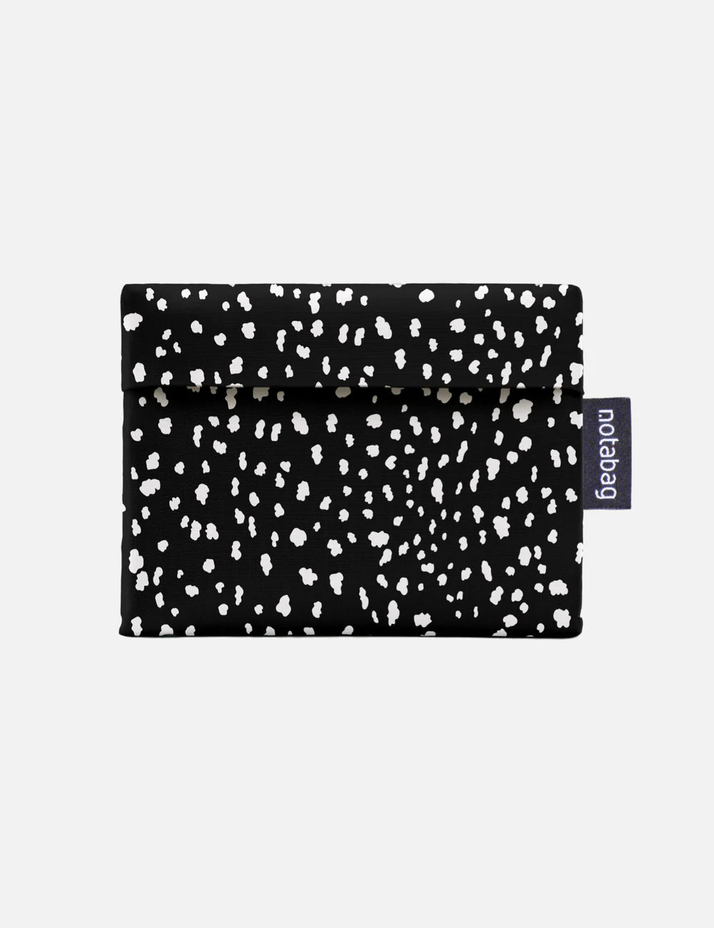 Black pouch with white speckles and a visible brand tag on a light gray background