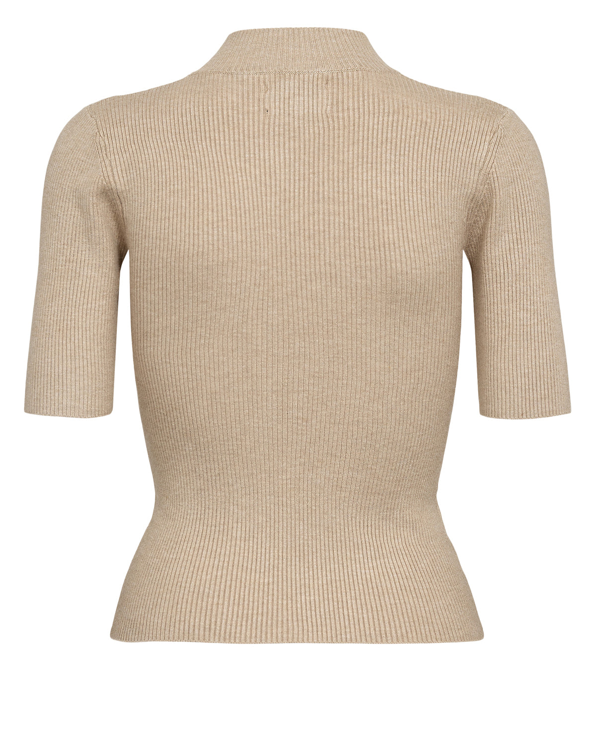 Beige ribbed knit short-sleeve top on a white background