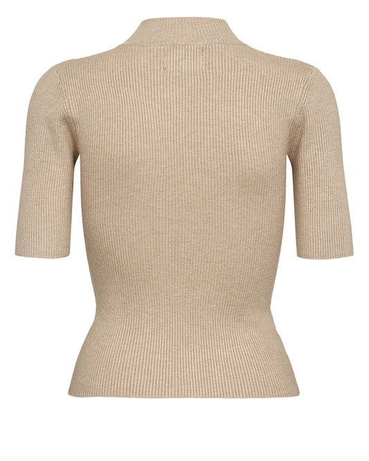 Beige ribbed knit short-sleeve top on a white background