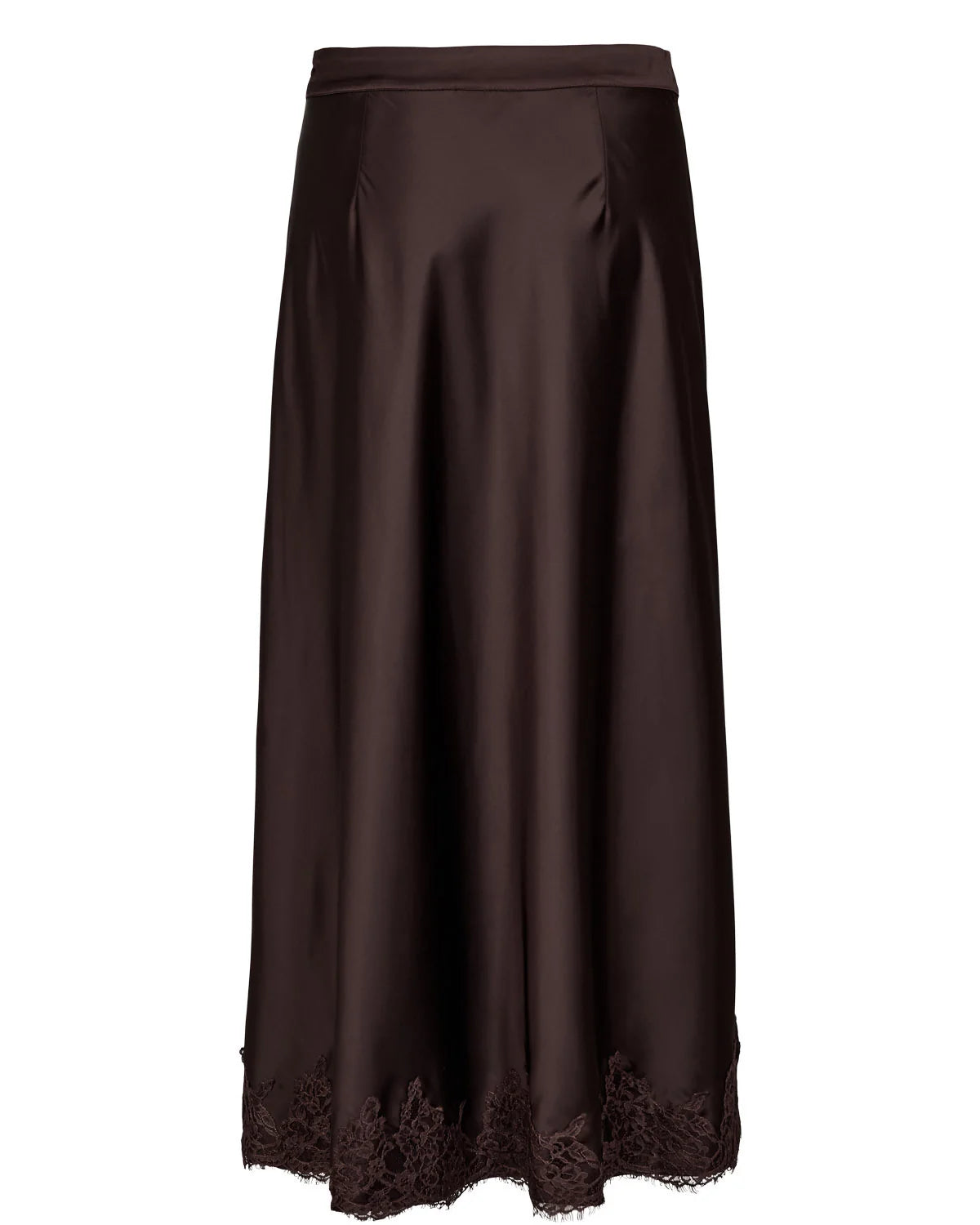 Brown satin skirt with lace hem on a white background