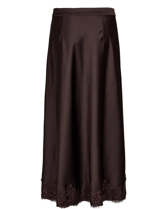 Brown satin skirt with lace hem on a white background