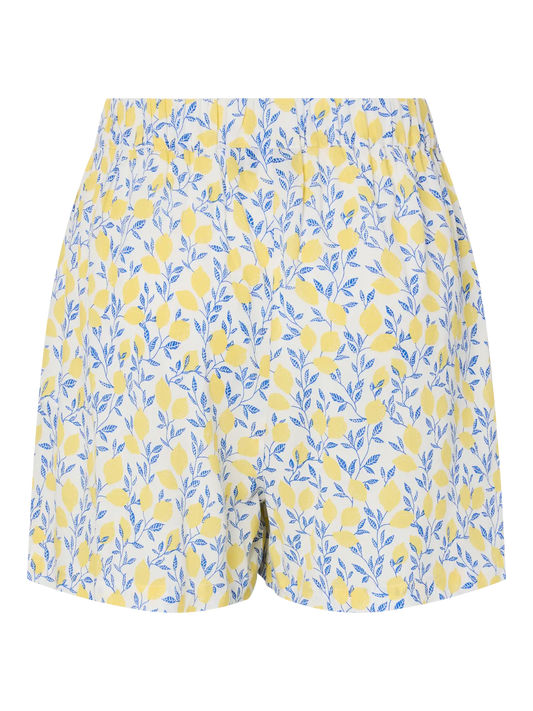 Yellow and blue patterned shorts on a white background