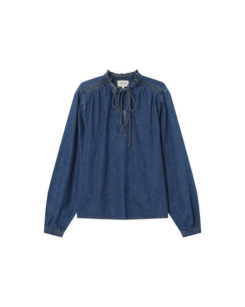 Blue denim blouse with long sleeves on a white background