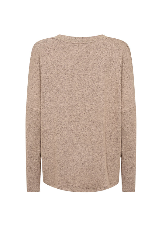 A long-sleeve knit sweater in a heathered light brown or taupe color, shown from the back against a plain white background.