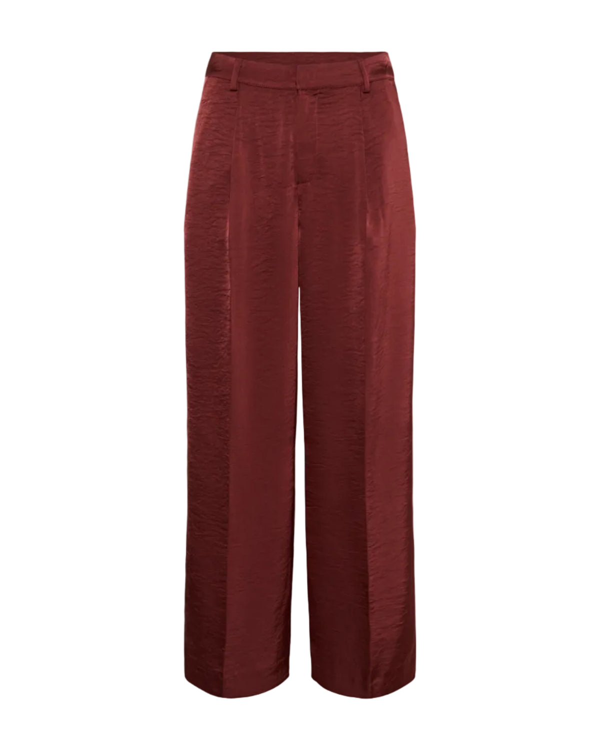 A pair of high-waisted, wide-leg trousers in a textured, deep burgundy red fabric, shown against a plain white background.