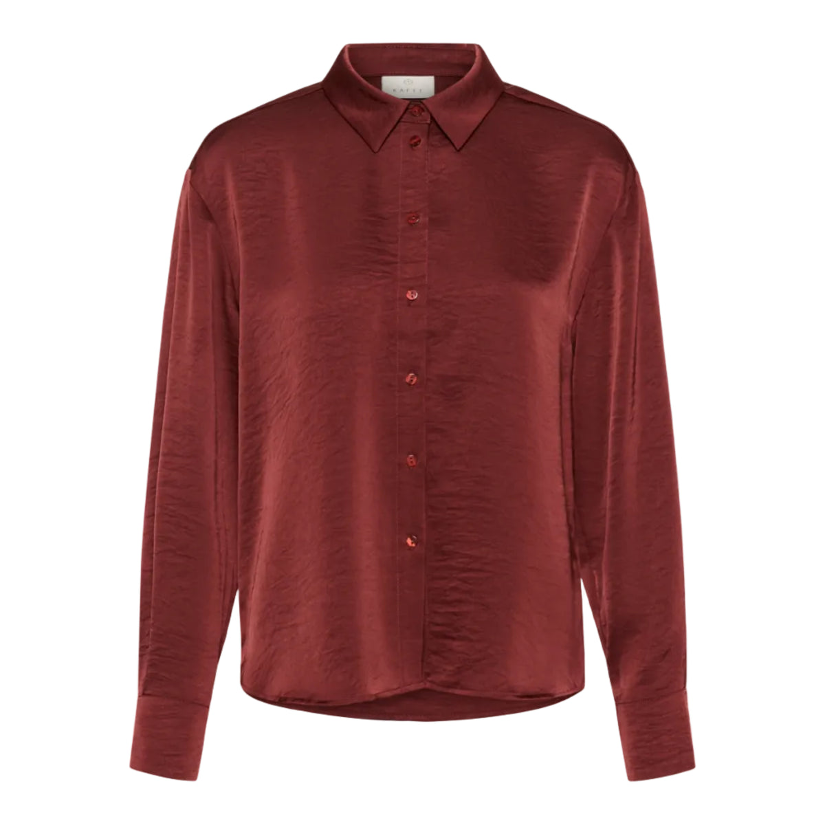 A long-sleeve button-up shirt in a deep burgundy red, featuring a textured crinkled fabric and a pointed collar, shown against a plain white background.