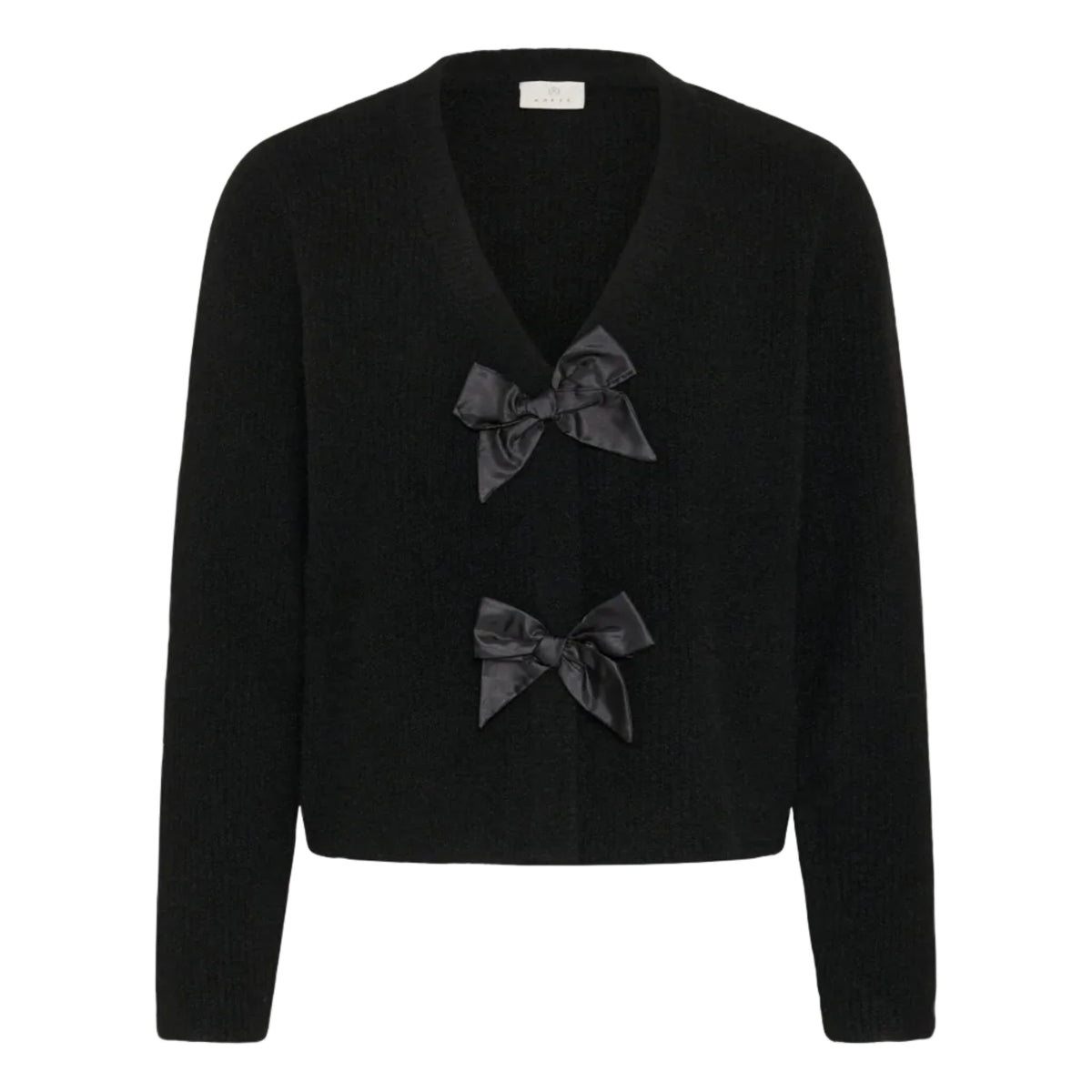 Black cardigan with gray bows on a white background