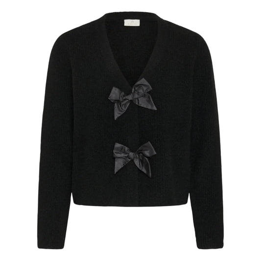 Black cardigan with gray bows on a white background