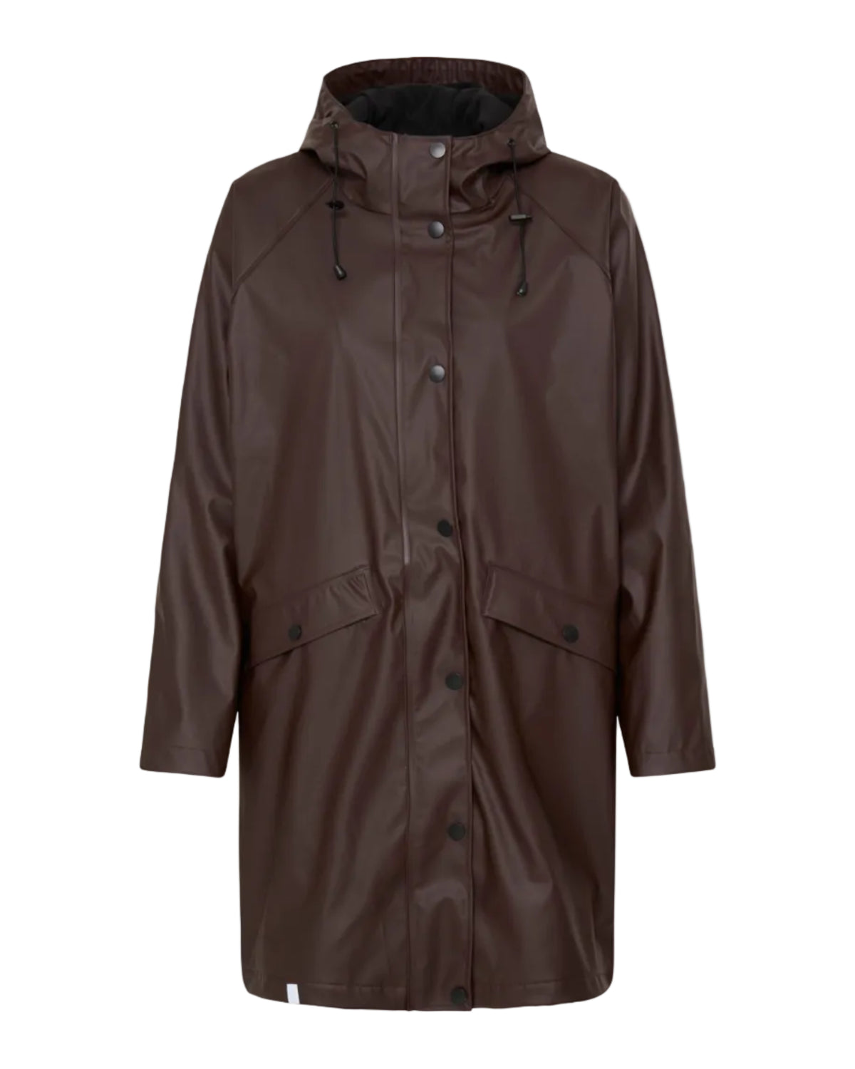 A dark brown hooded raincoat with a glossy finish, featuring a snap-button front, drawstrings, and flap pockets, shown against a plain white background.