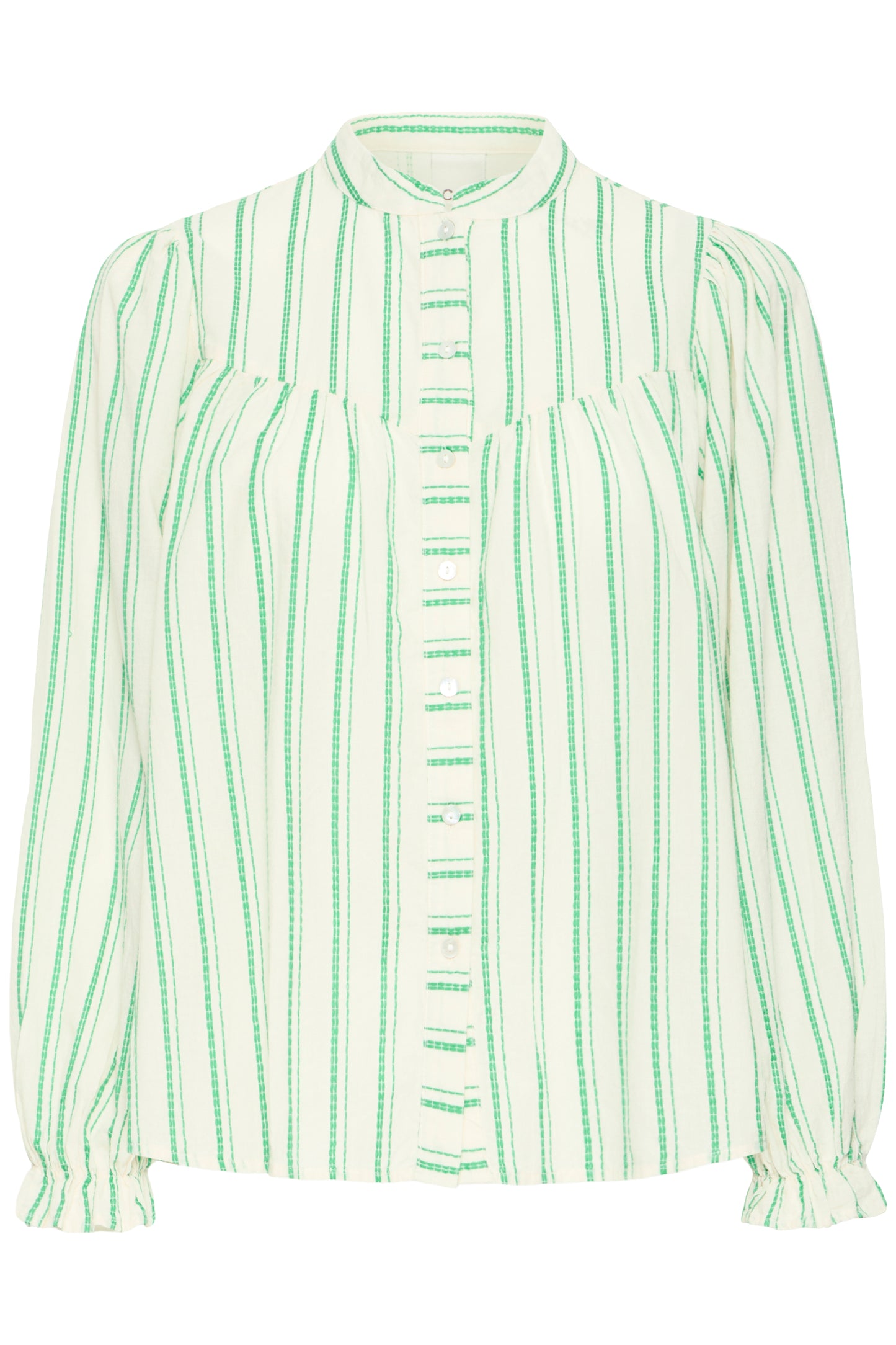 Green and white striped blouse on a white background