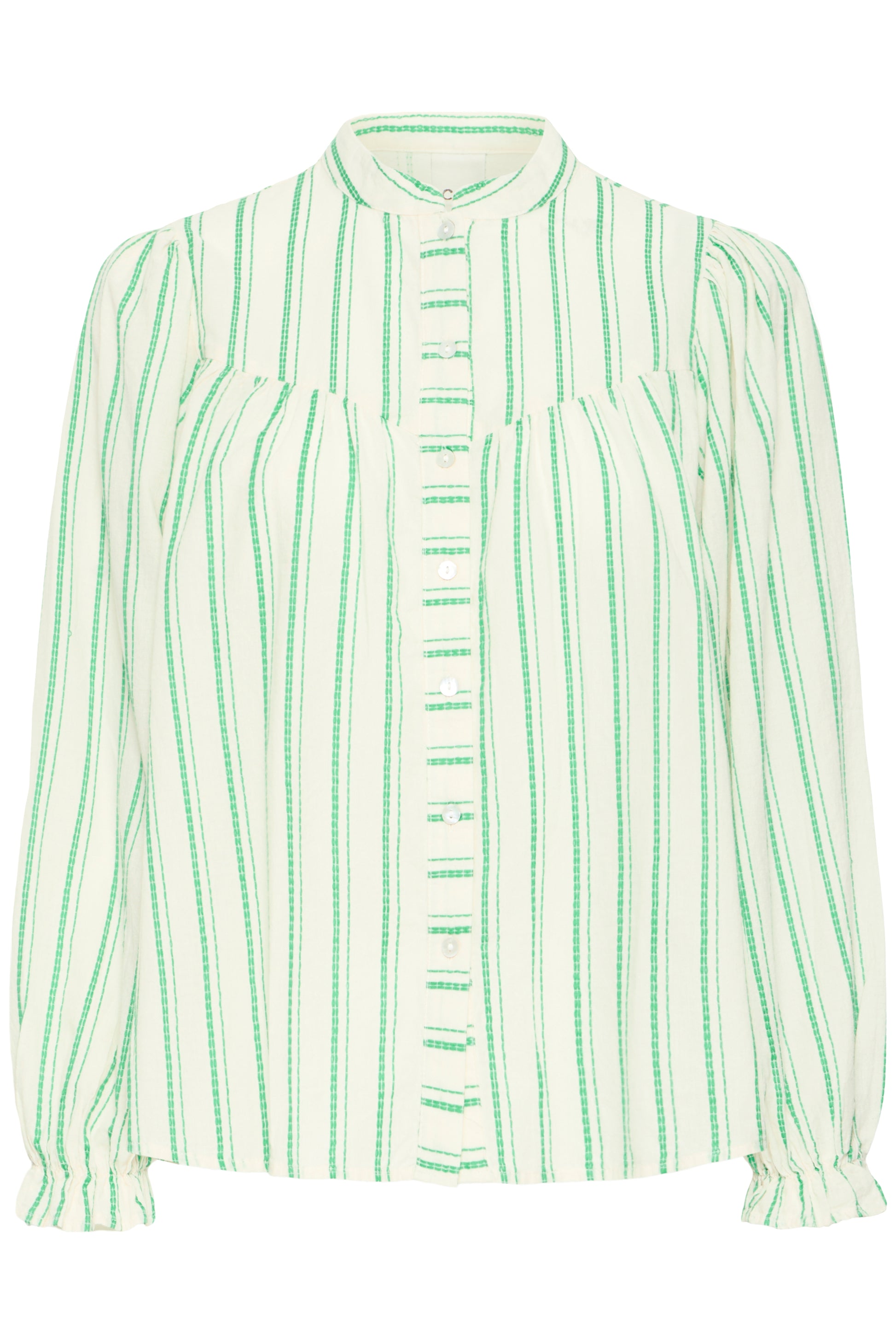 Green and white striped blouse on a white background