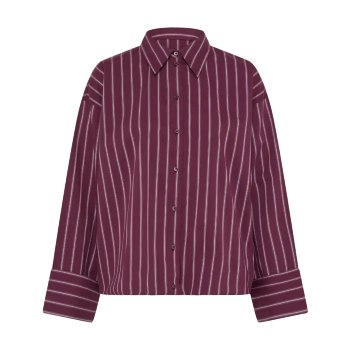 A long-sleeve button-up shirt in burgundy with thin white vertical pinstripes, shown against a plain white background.