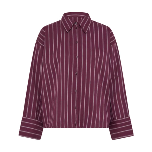 A long-sleeve button-up shirt in burgundy with thin white vertical pinstripes, shown against a plain white background.