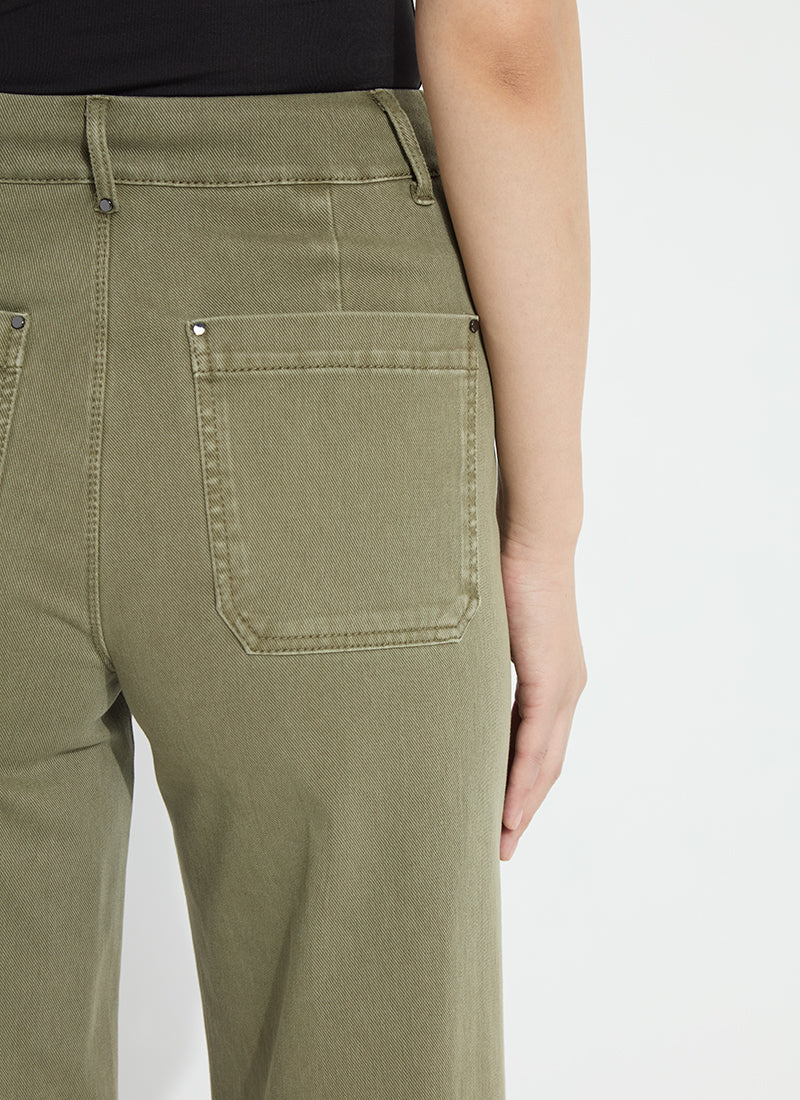 Close-up of a person wearing olive green wide-leg jeans, showing the back pocket and side seam against a plain light background.