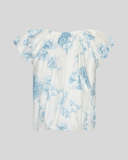 white and blue floral top on a light grey background