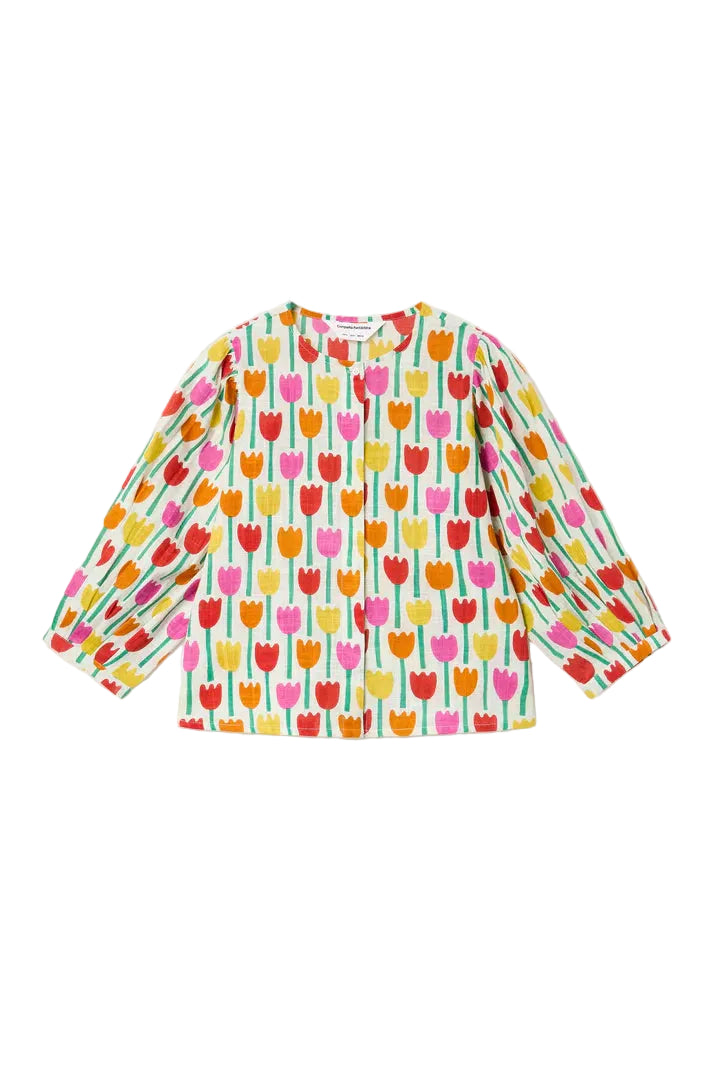 Colorful tulip-patterned shirt on a white background