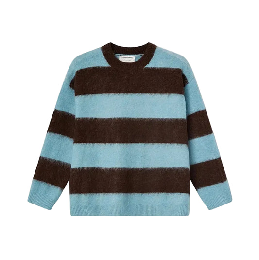 A fuzzy knit crewneck sweater with horizontal stripes in light blue and dark brown, displayed flat against a light off-white background.