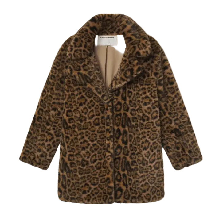 A brown and black leopard-print faux fur coat with a soft beige lining, displayed flat against a light off-white background.