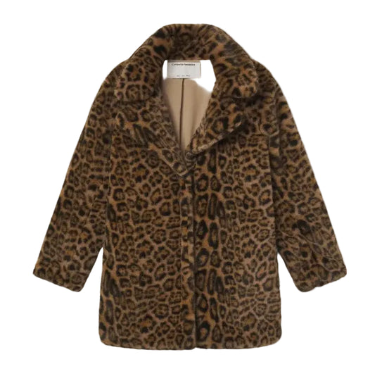 A brown and black leopard-print faux fur coat with a soft beige lining, displayed flat against a light off-white background.
