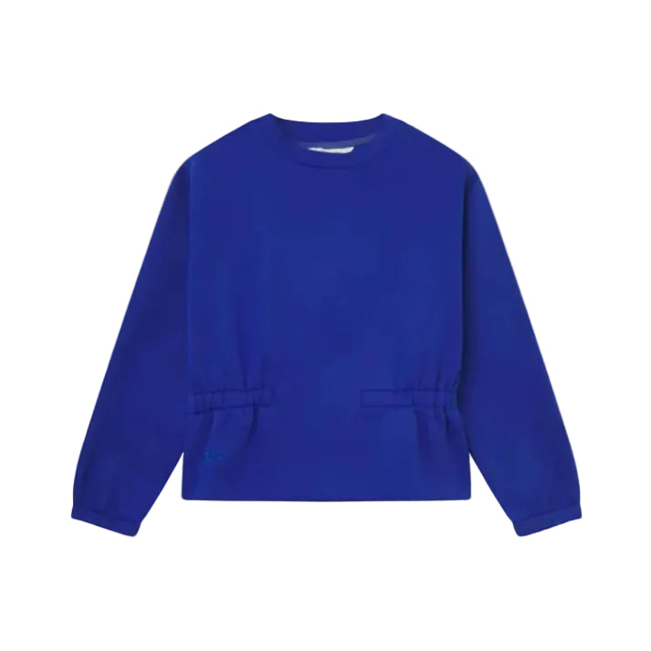 A vibrant royal blue long-sleeve crewneck sweatshirt with drawstring waist details and front pockets, displayed flat against a light off-white background.