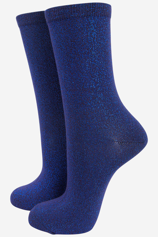 Womens Cotton Glitter Ankle Socks in Midnight Blue
