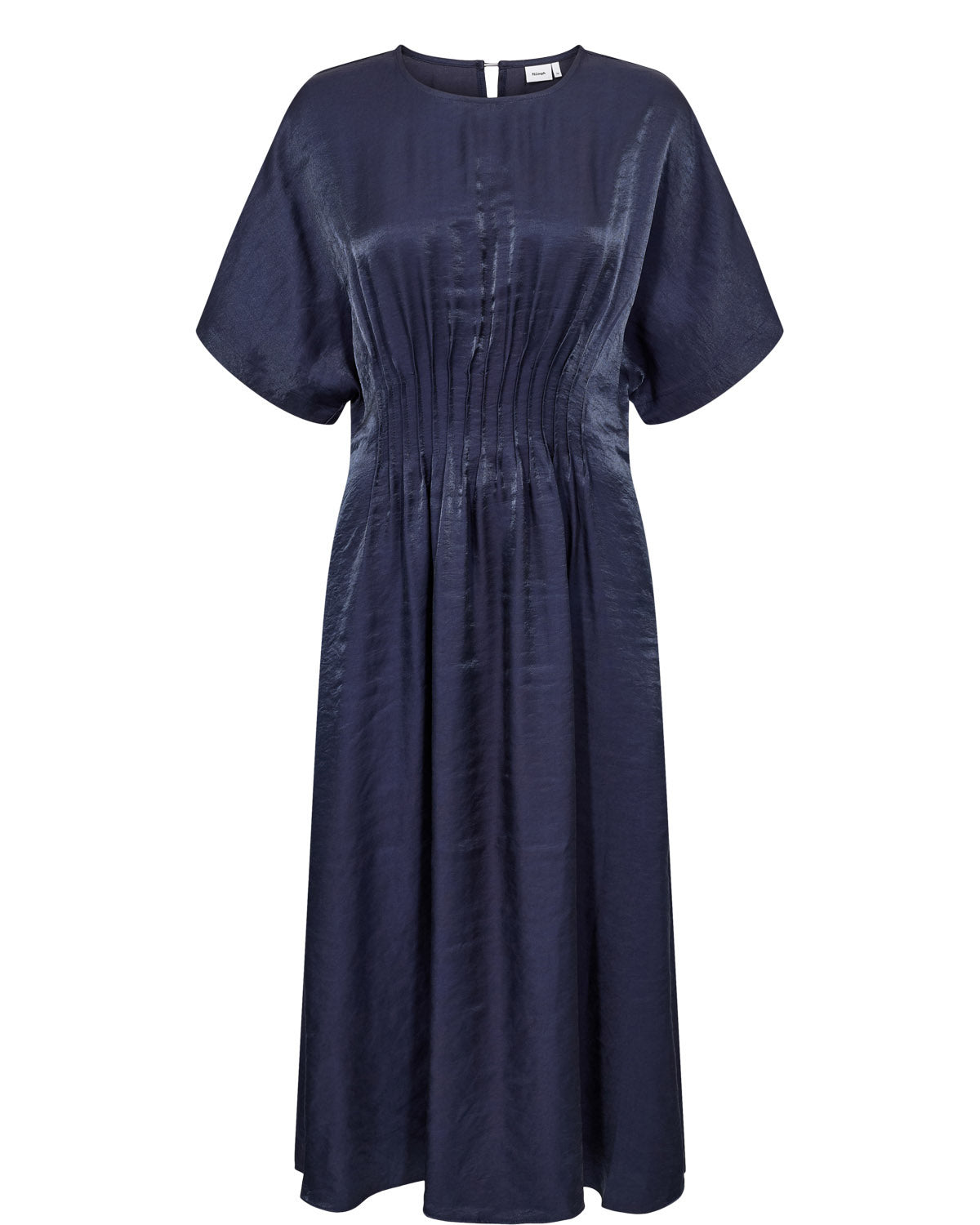 A navy blue midi dress with short sleeves, a round neckline, and a gathered, pleated bodice, shown against a plain white background.