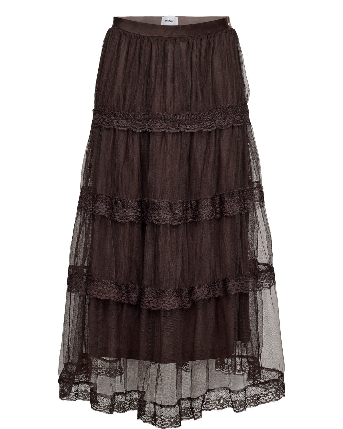 A dark brown tiered tulle skirt with lace ruffles and a matching waistband, shown against a plain white background.